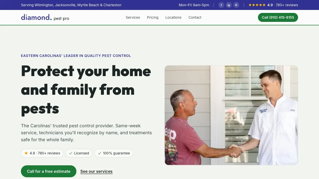Diamond Pest Pro homepage: a light off-white page with a deep indigo top bar and the lowercase "diamond. pest pro" wordmark, a bold near-black headline, a green call-to-action button, and a photo of a technician shaking hands with a homeowner outside a house.