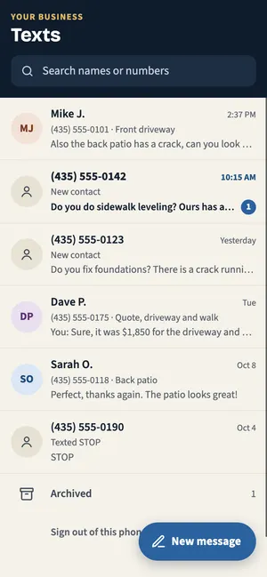 The text inbox conversation list: customer threads with a first name or a new contact, a short job note like front driveway or back patio, an unread badge, and one contact marked as texted STOP.
