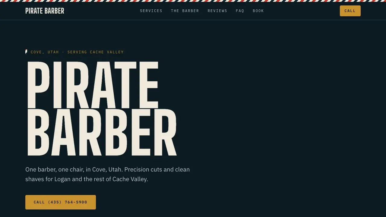 Pirate Barber homepage: a deep teal-navy barbershop site with huge condensed cream lettering, a brass call button, and a barber-pole stripe across the top.