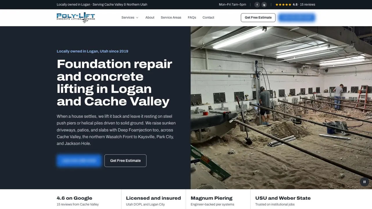 Poly-Lift homepage: a dark navy hero with the blue Poly-Lift Concrete Lifting and Piering logo, a bold white headline about foundation repair and concrete lifting, an estimate button beside a blurred blue call button, and a photo of a crew installing steel piers along a basement wall.